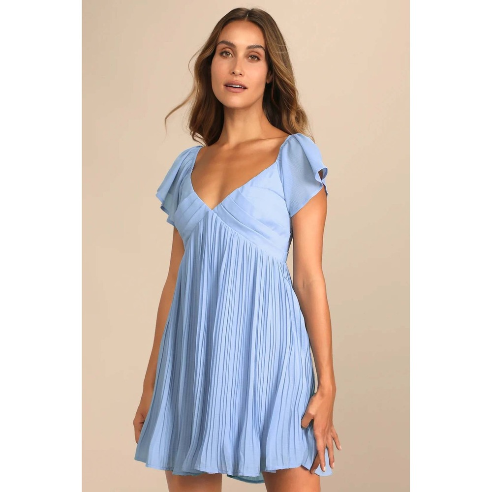 Lulus Amalfi Coast Light Blue Pleated Flutter Sleeve Mini Dress XL